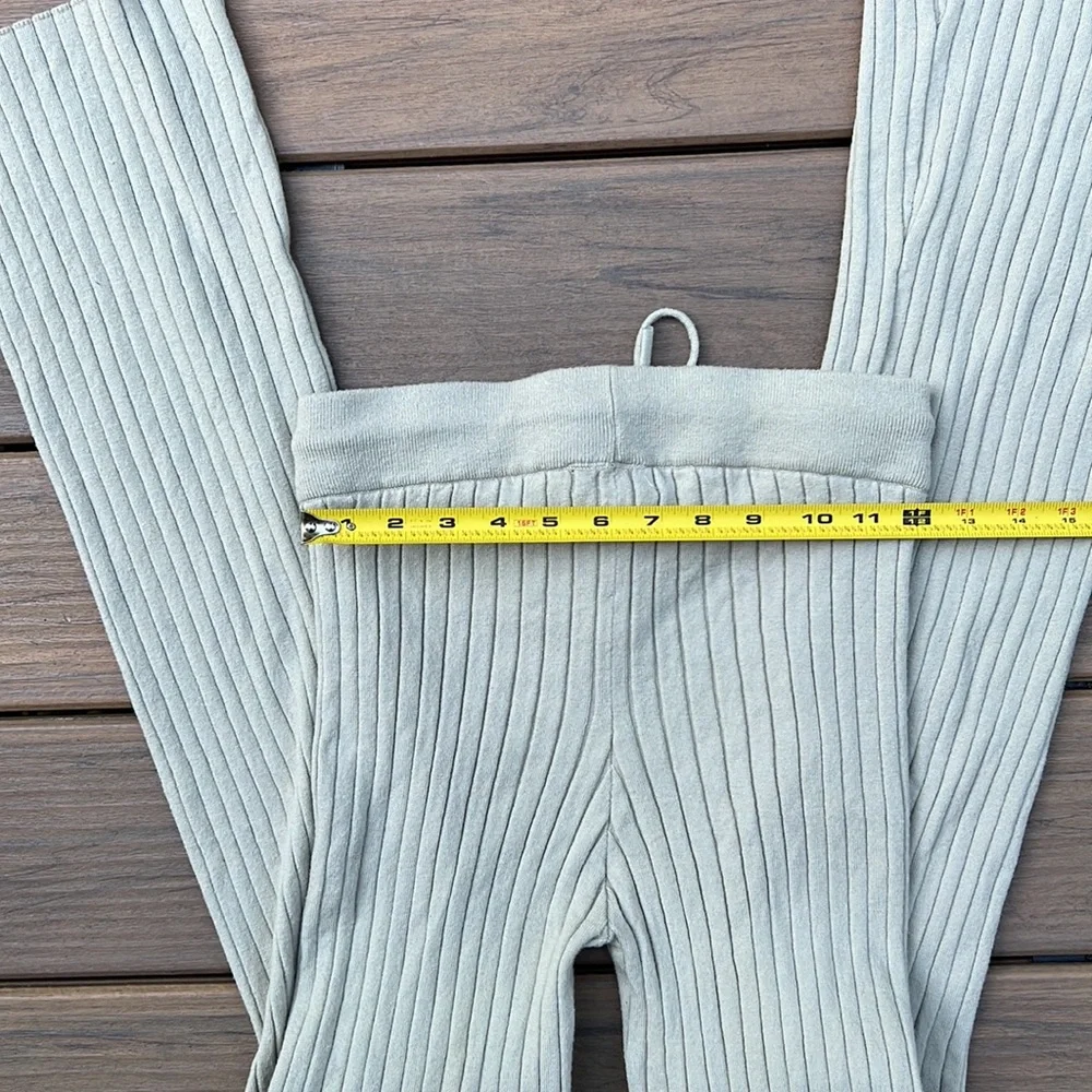 Beige Light Sage Ribbed Knit Lounge Pants Wide Waistband Flare Cozy Minimal - Picture 9 of 10